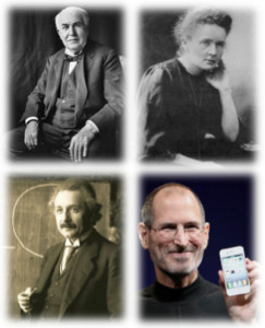  'A Few Good Innovators' - Clockwise from top left: Thomas Edison, Marie Curie, Steve Jobs, Albert Einstein