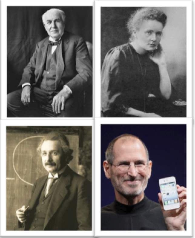 'A Few Good Innovators' - Clockwise from top left: Thomas Edison, Marie Curie, Steve Jobs, Albert Einstein